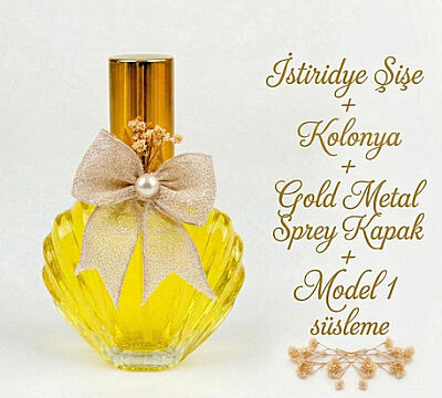 50cc İstiridye Model Cam Şişe – Gümüş & Altın Metalize Sprey Kapaklı Özel Günlere Süslemeli Kolonya Hediyelik Seti - 1